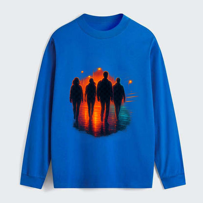 gang of silhouettes walking together at sunset by the beach - Classic Long Sleeve Shirt - Blue