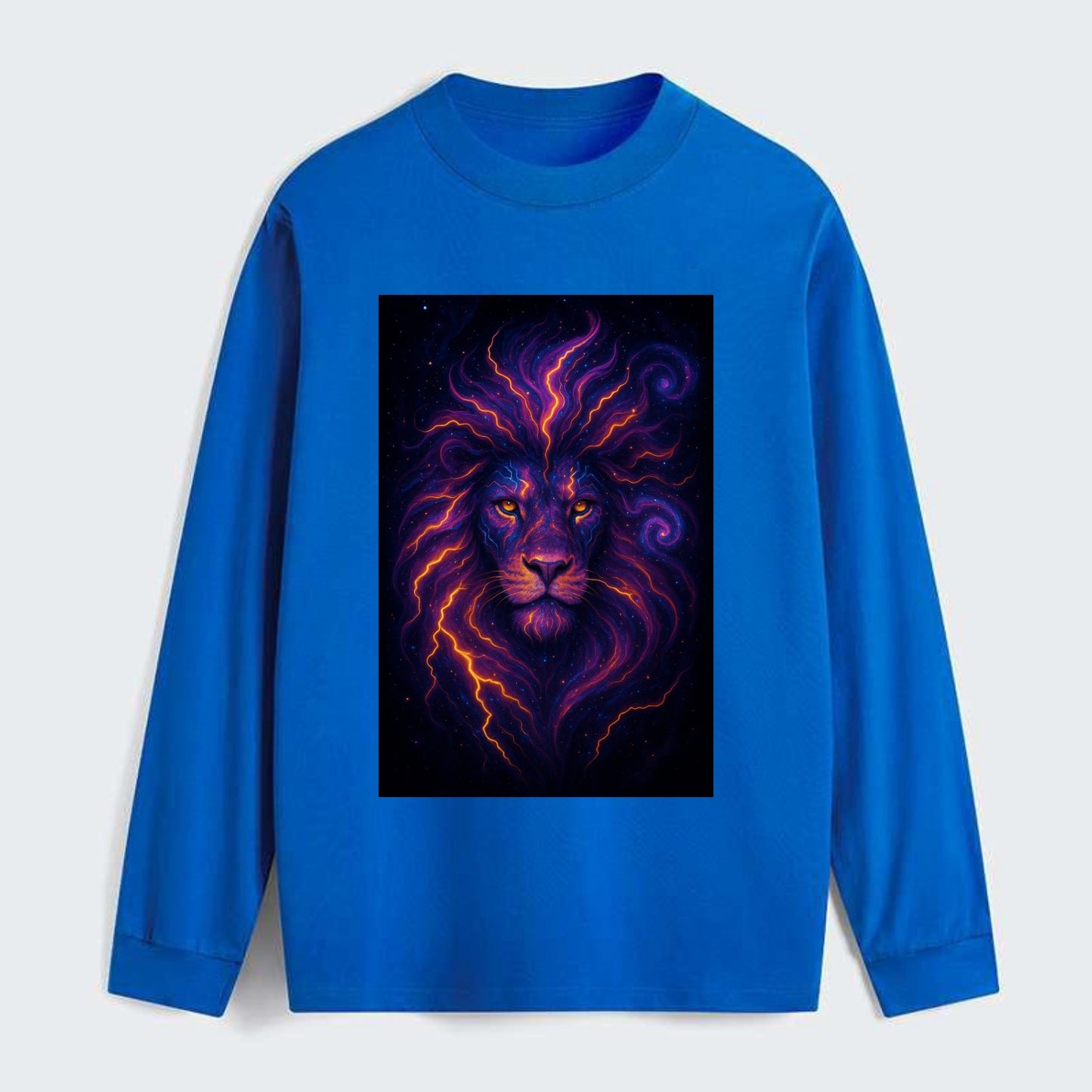 Regal lion with mane made of electric currents, neon yellow and hot - Classic Long Sleeve Shirt - Blue