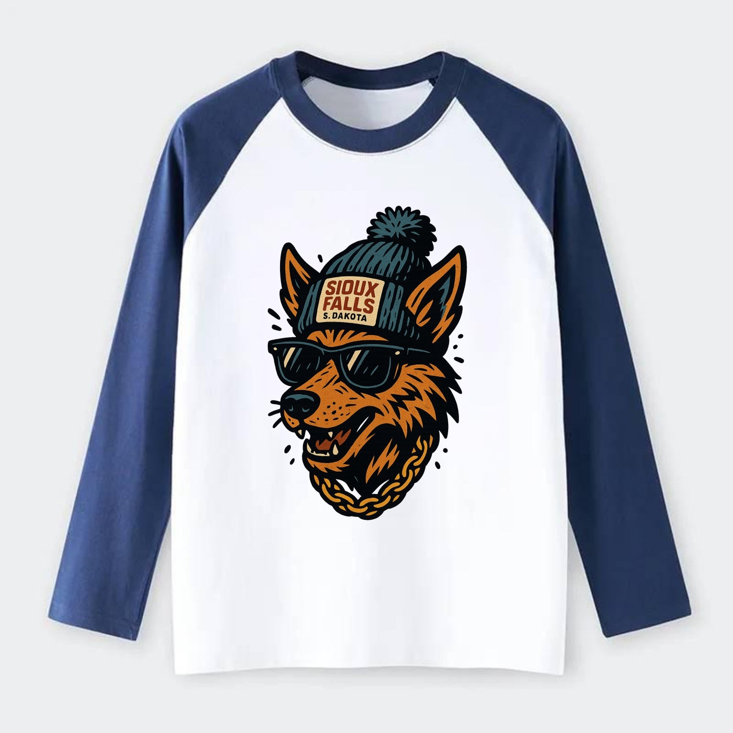 South Dakota Coyote wearing Sioux Falls beanie with pom pom and - Raglan Long Sleeve T-Shirt - Blue