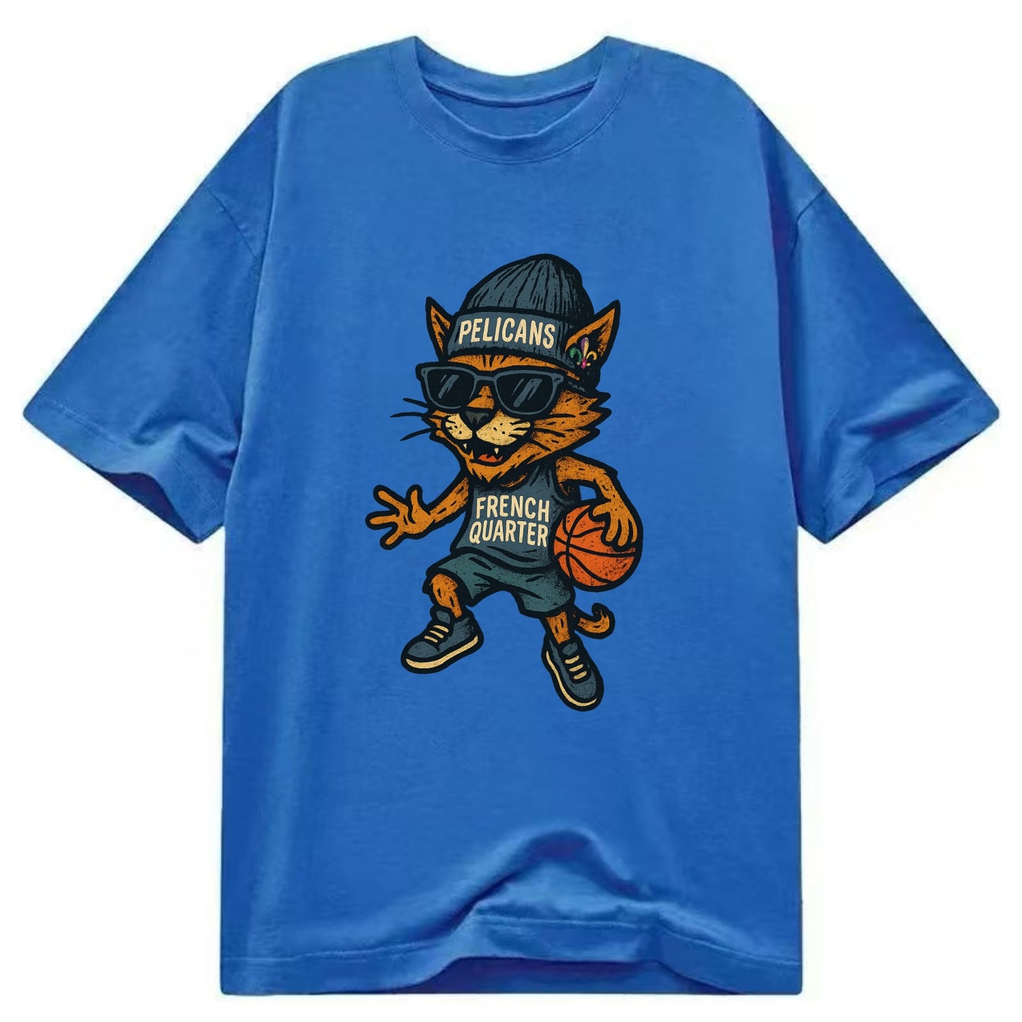 French Quarter Cat wearing Pelicans beanie with Mardi Gras patch and wayfarer - Classic T-shirt - Blue