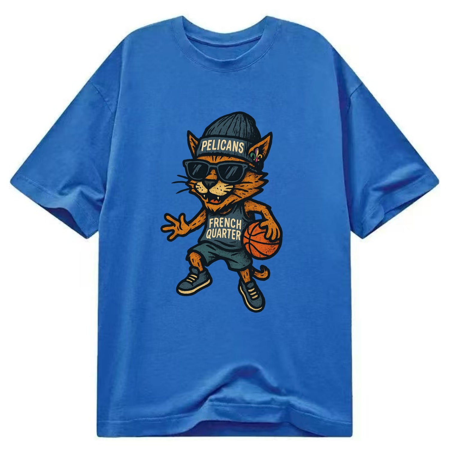 French Quarter Cat wearing Pelicans beanie with Mardi Gras patch and wayfarer - Classic T-shirt - Blue