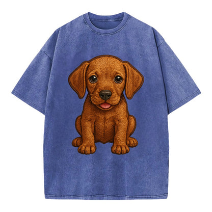 Baby Vizsla Puppy - golden rust coat, soulful eyes, athletic build, front-facing, - Vintage T-shirt - Blue