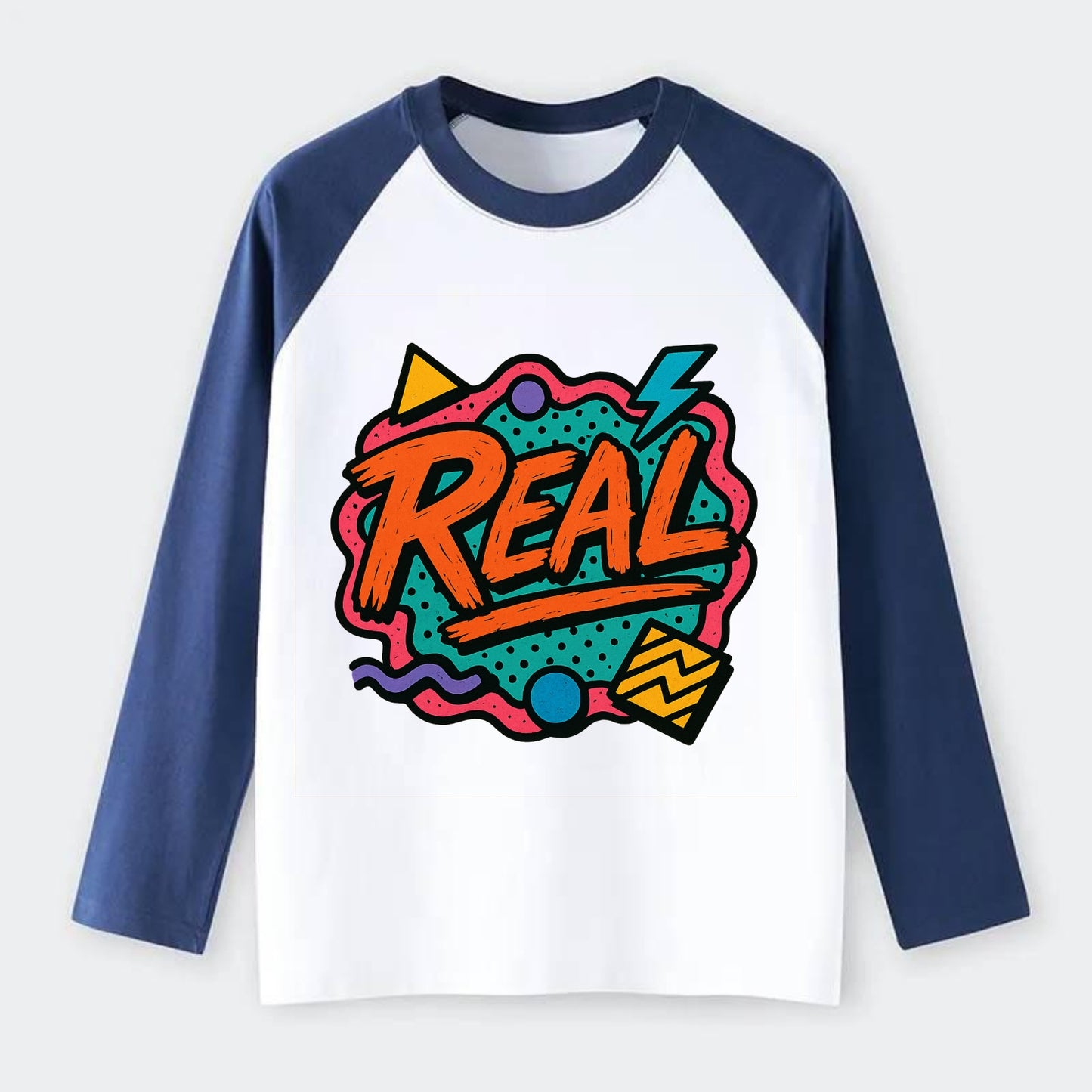Imperfect brush strokes spelling "Real" - authenticity over - Raglan Long Sleeve T-Shirt - Blue