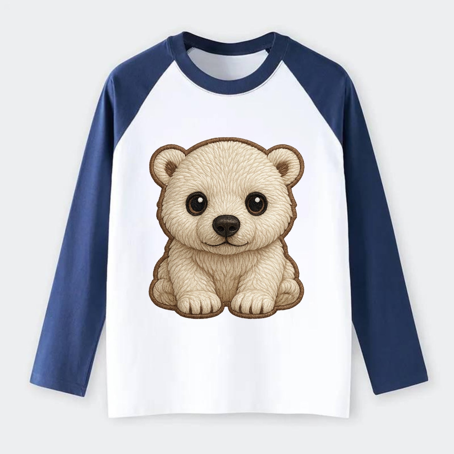 Baby Polar Bear Cub - white fluffy, black nose, dark curious eyes, - Raglan Long Sleeve T-Shirt - Blue
