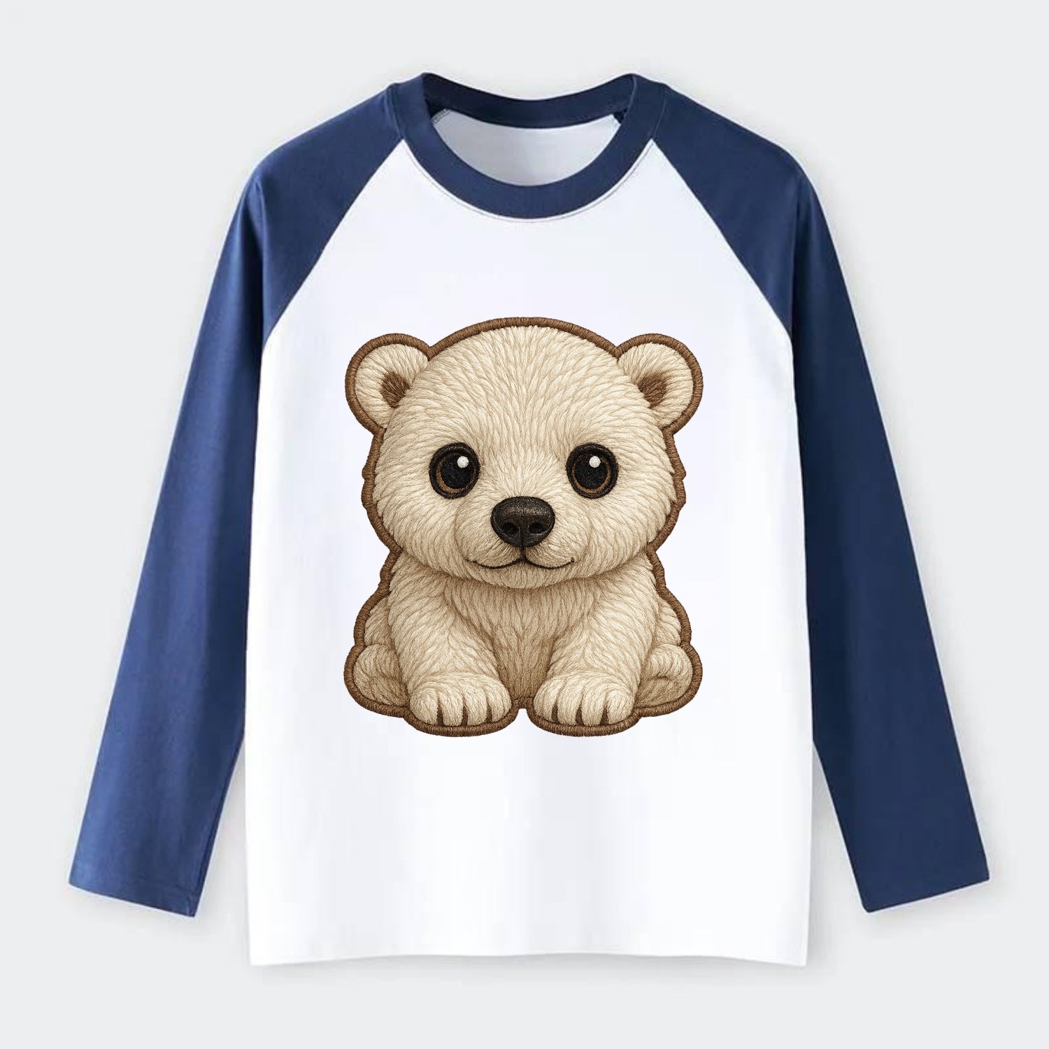 Baby Polar Bear Cub - white fluffy, black nose, dark curious eyes, - Raglan Long Sleeve T-Shirt - Blue