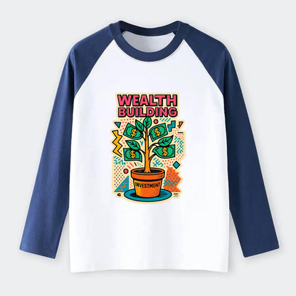 Money tree growing from investment pot - financial independence - Raglan Long Sleeve T-Shirt - Blue