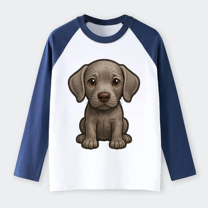 Baby Weimaraner Puppy - silver-gray coat, amber eyes, sleek body, - Raglan Long Sleeve T-Shirt - Blue