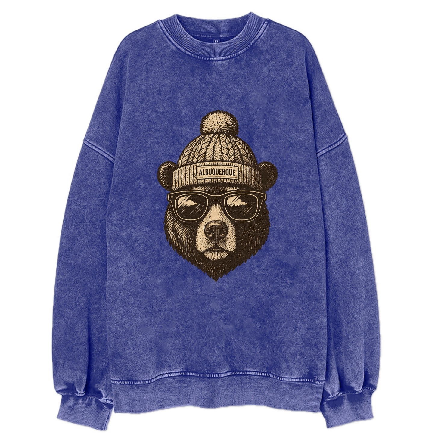 New Mexico Black Bear wearing Albuquerque beanie with pom pom and wayfarer - Vintage Sweatshirt - Blue