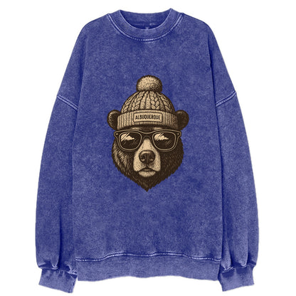 New Mexico Black Bear wearing Albuquerque beanie with pom pom and wayfarer - Vintage Sweatshirt - Blue