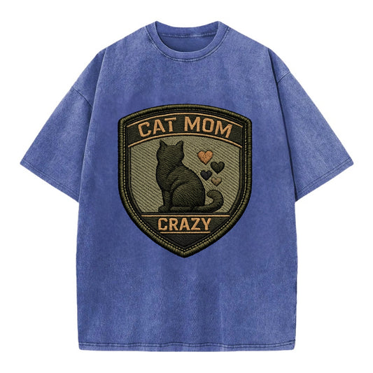 CAT MOM CRAZY - cat silhouette with hearts in purple , cat lady - Vintage T-shirt - Blue