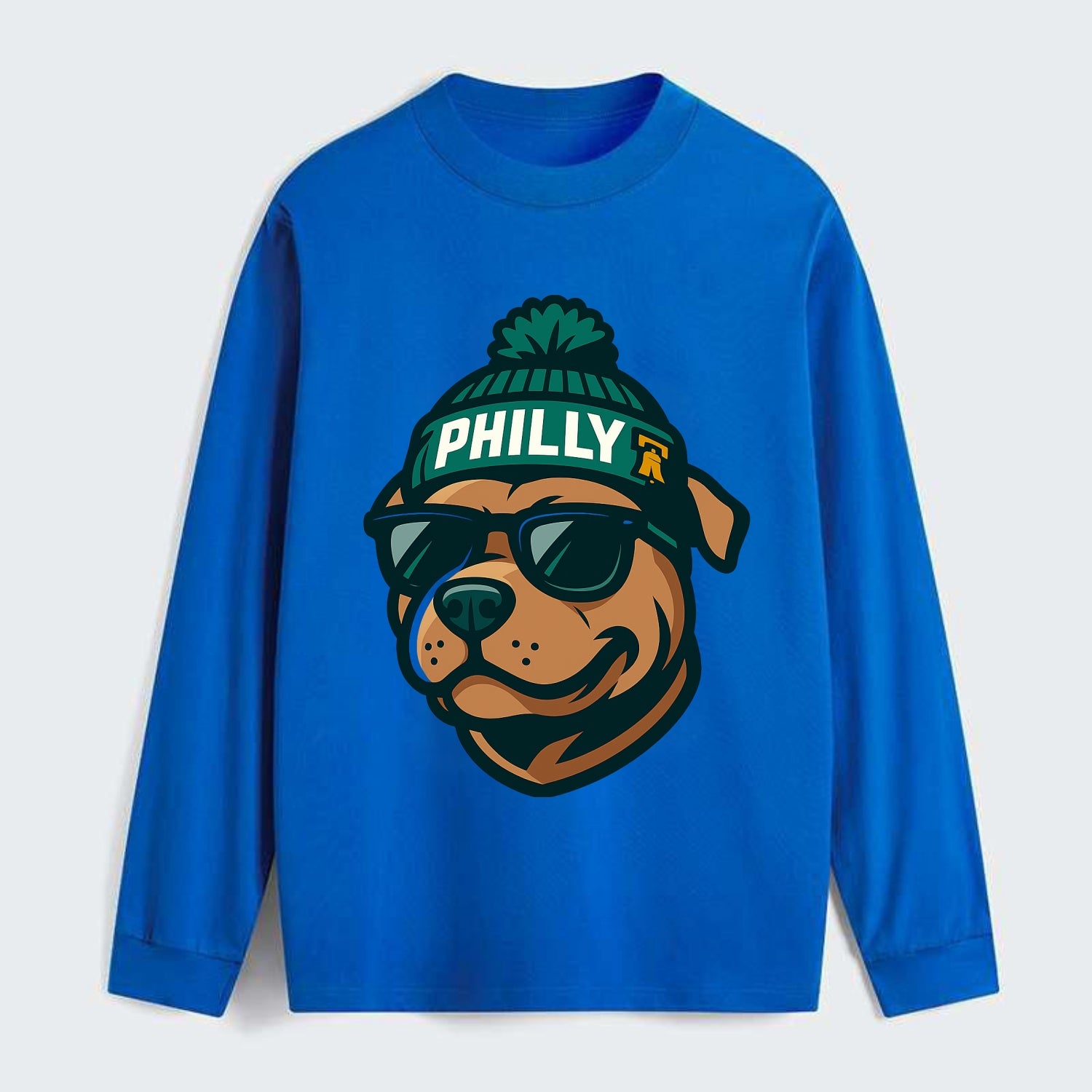 Philly Pitbull wearing Eagles beanie with Liberty Bell patch and - Classic Long Sleeve Shirt - Blue