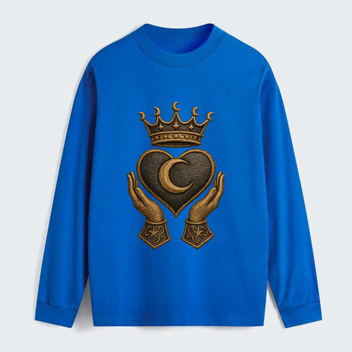 Moonlit crescent crown cradling a hematite heart with stargazer hands - Classic Long Sleeve Shirt - Blue