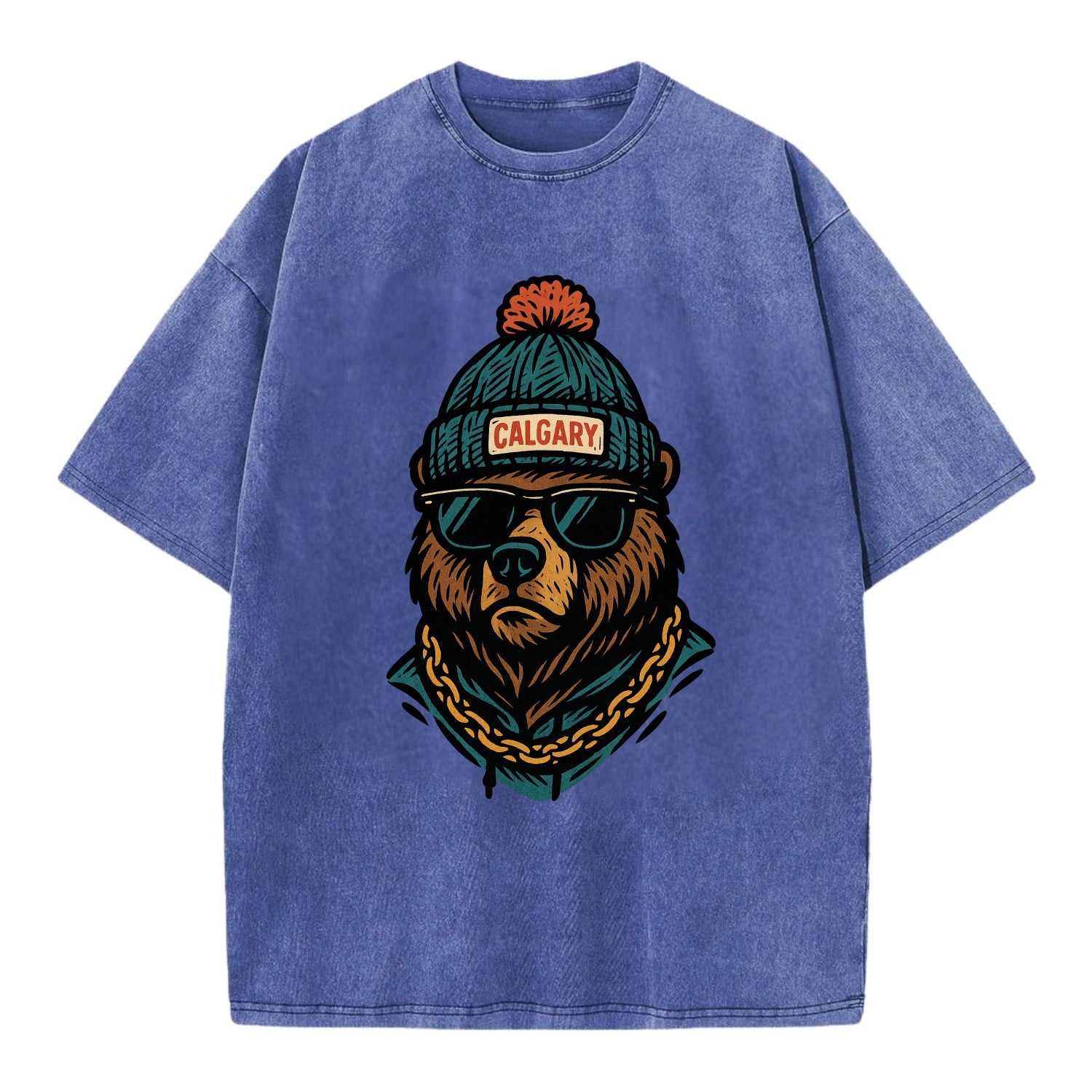Calgary Grizzly Bear wearing Calgary beanie with pom pom and wayfarer sunglasses - Vintage T-shirt - Blue