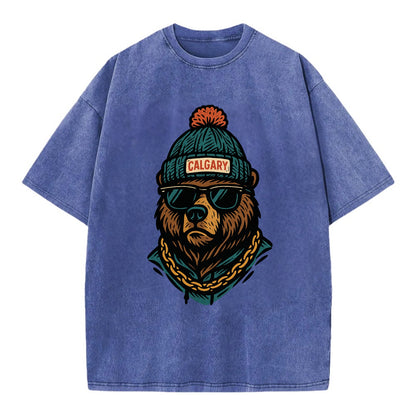 Calgary Grizzly Bear wearing Calgary beanie with pom pom and wayfarer sunglasses - Vintage T-shirt - Blue