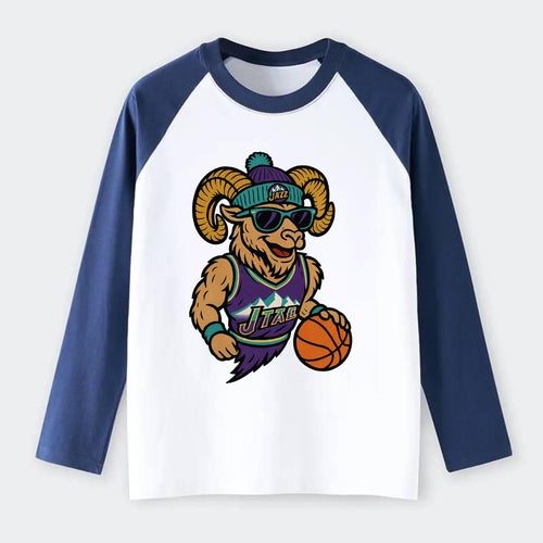 Utah Bighorn wearing Jazz beanie with mountain melody patch and - Raglan Long Sleeve T-Shirt