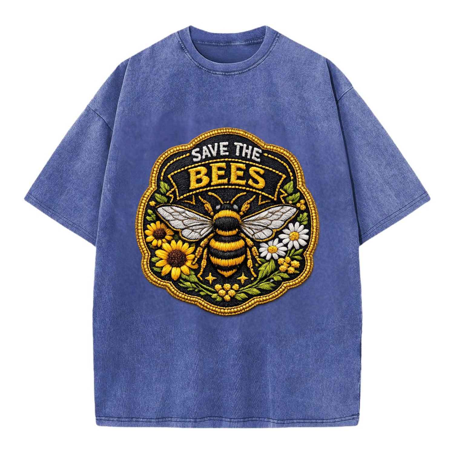 SAVE THE BEES - bee with flowers in yellow , pollinator protection - Vintage T-shirt - Blue