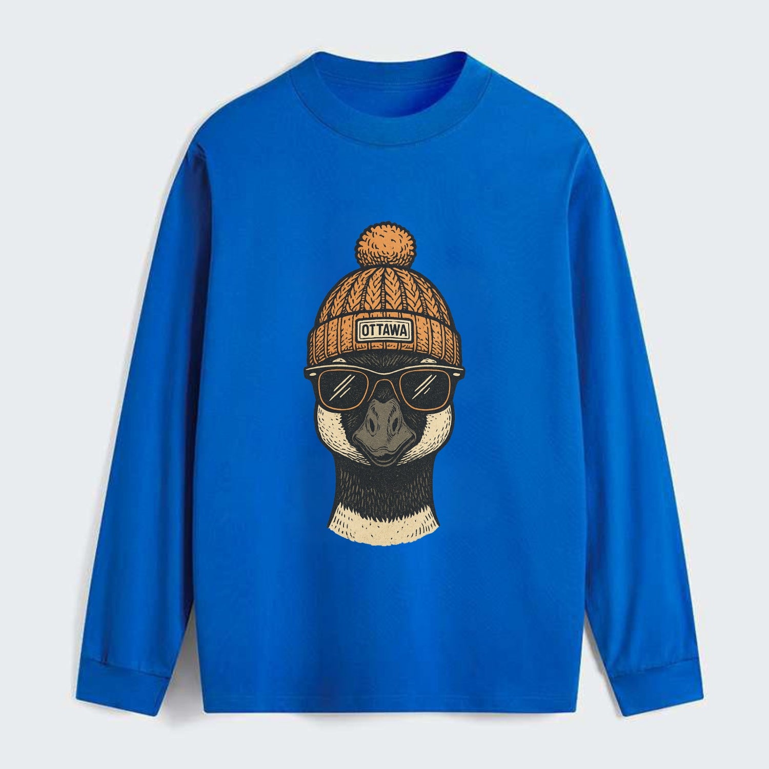 Ottawa Canadian Goose wearing Ottawa beanie with pom pom and wayfarer - Classic Long Sleeve Shirt - Blue