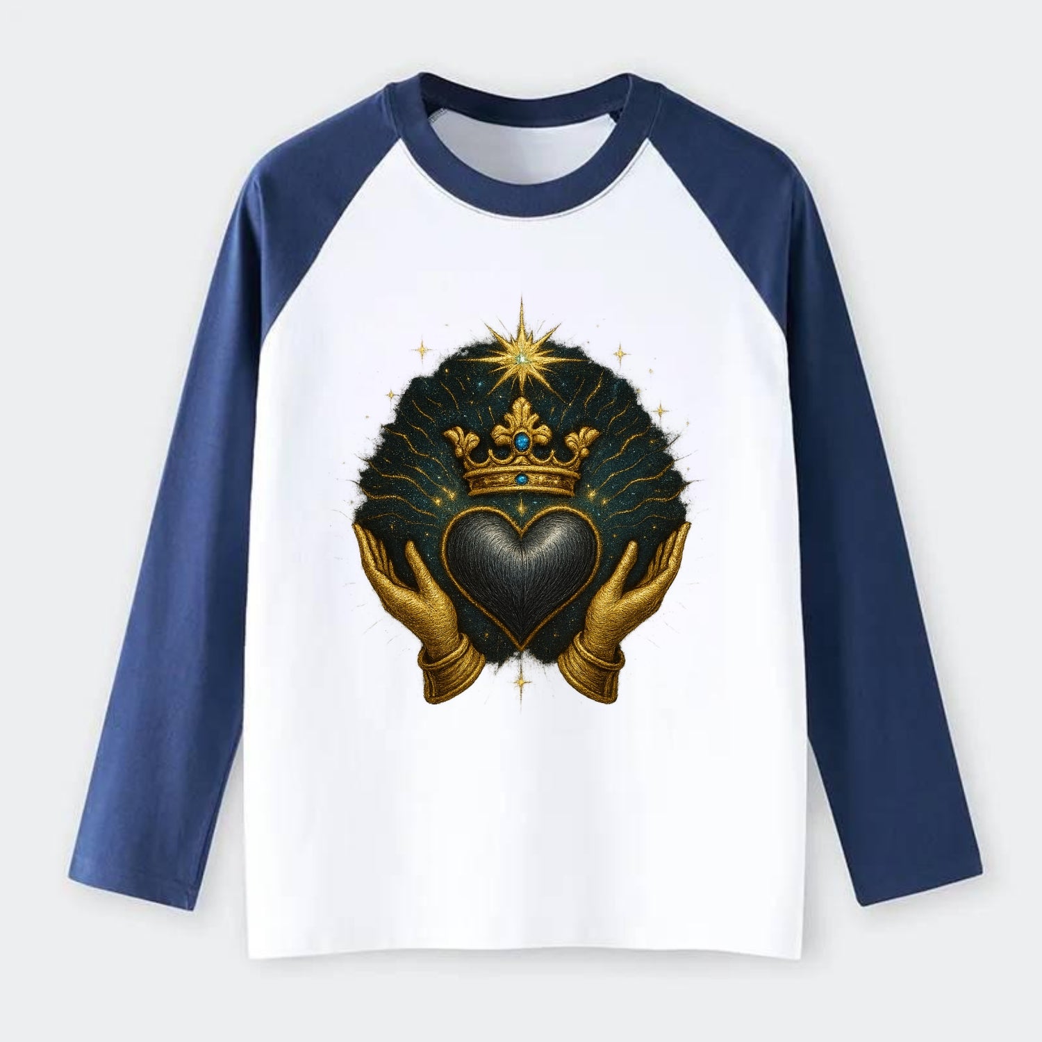 Pearl-studded tiara atop a satin-gunmetal heart supported by elegant - Raglan Long Sleeve T-Shirt - Blue