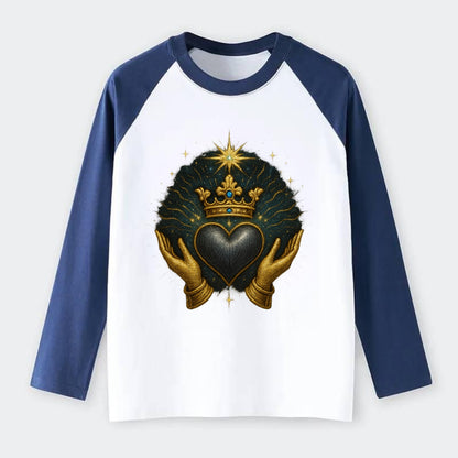Pearl-studded tiara atop a satin-gunmetal heart supported by elegant - Raglan Long Sleeve T-Shirt - Blue