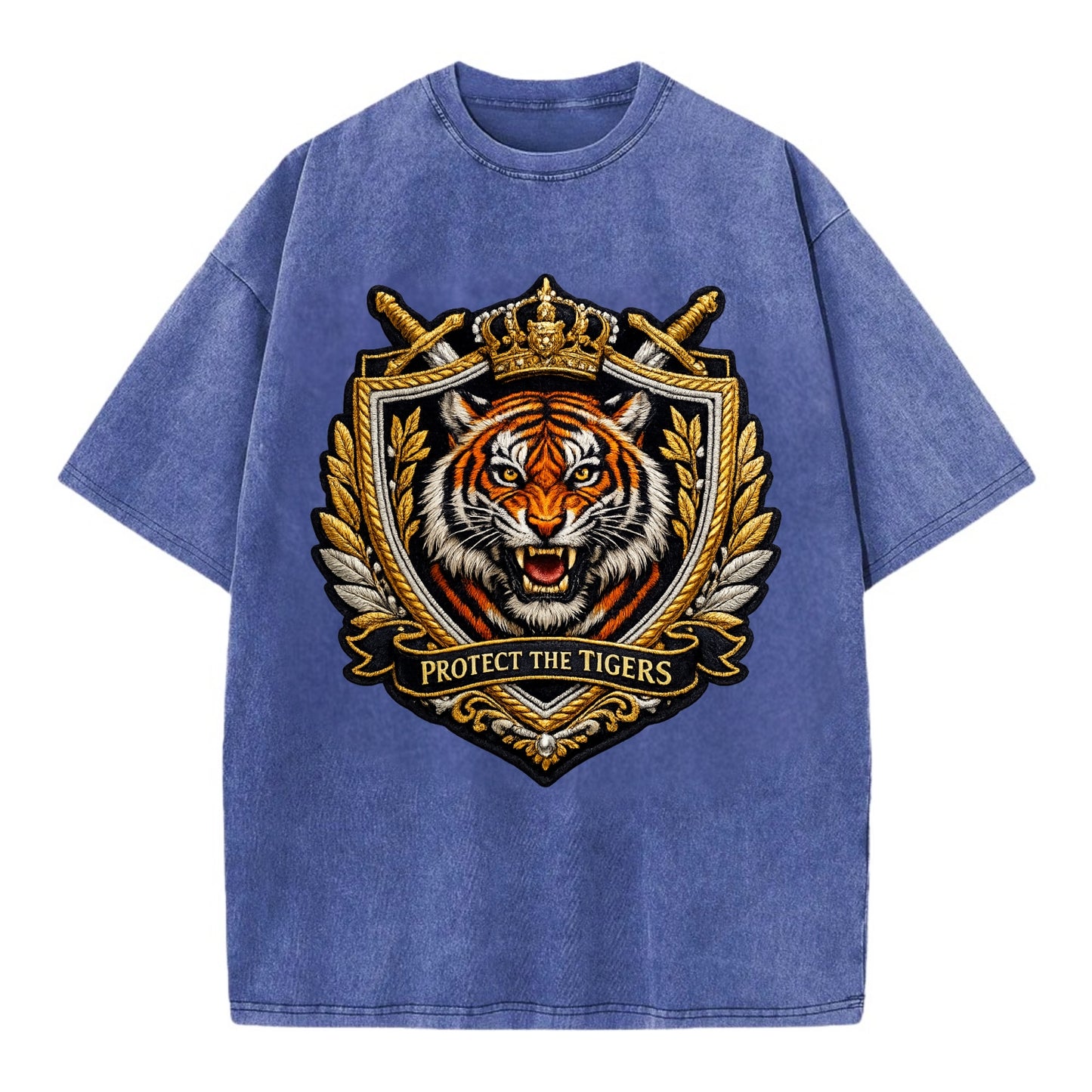 PROTECT THE TIGERS - tiger with shield in orange , big cat conservation - Vintage T-shirt - Blue