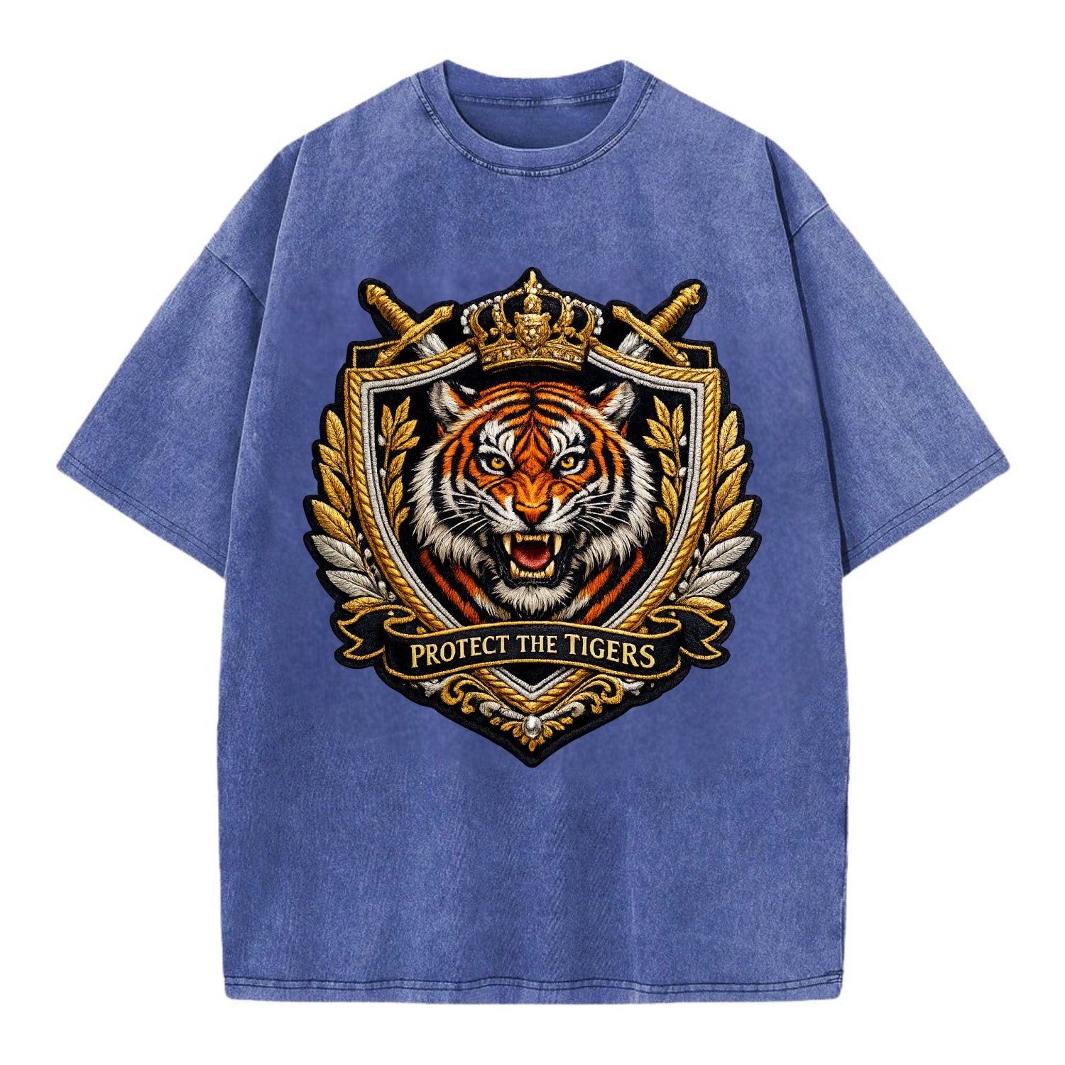 PROTECT THE TIGERS - tiger with shield in orange , big cat conservation - Vintage T-shirt - Blue