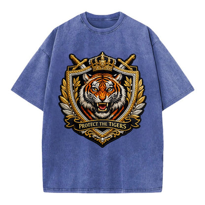 PROTECT THE TIGERS - tiger with shield in orange , big cat conservation - Vintage T-shirt - Blue