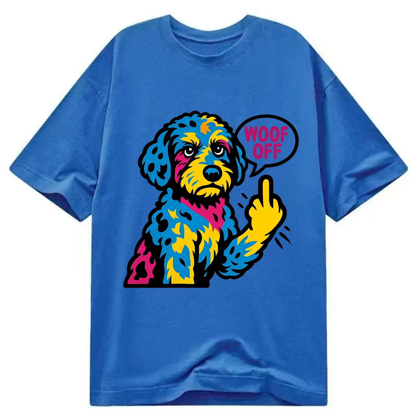 Aussiedoodle with merle patches and curly coat, playful smart paw raised - Classic T-shirt - Blue
