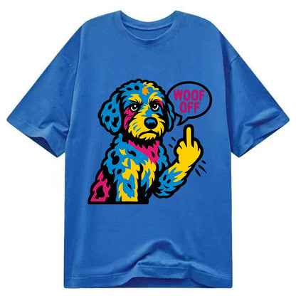 Aussiedoodle with merle patches and curly coat, playful smart paw raised - Classic T-shirt - Blue