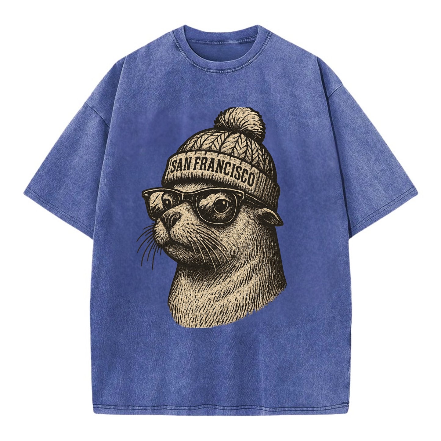 San Francisco Sea Lion wearing San Francisco beanie with pom pom and wayfarer - Vintage T-shirt - Blue