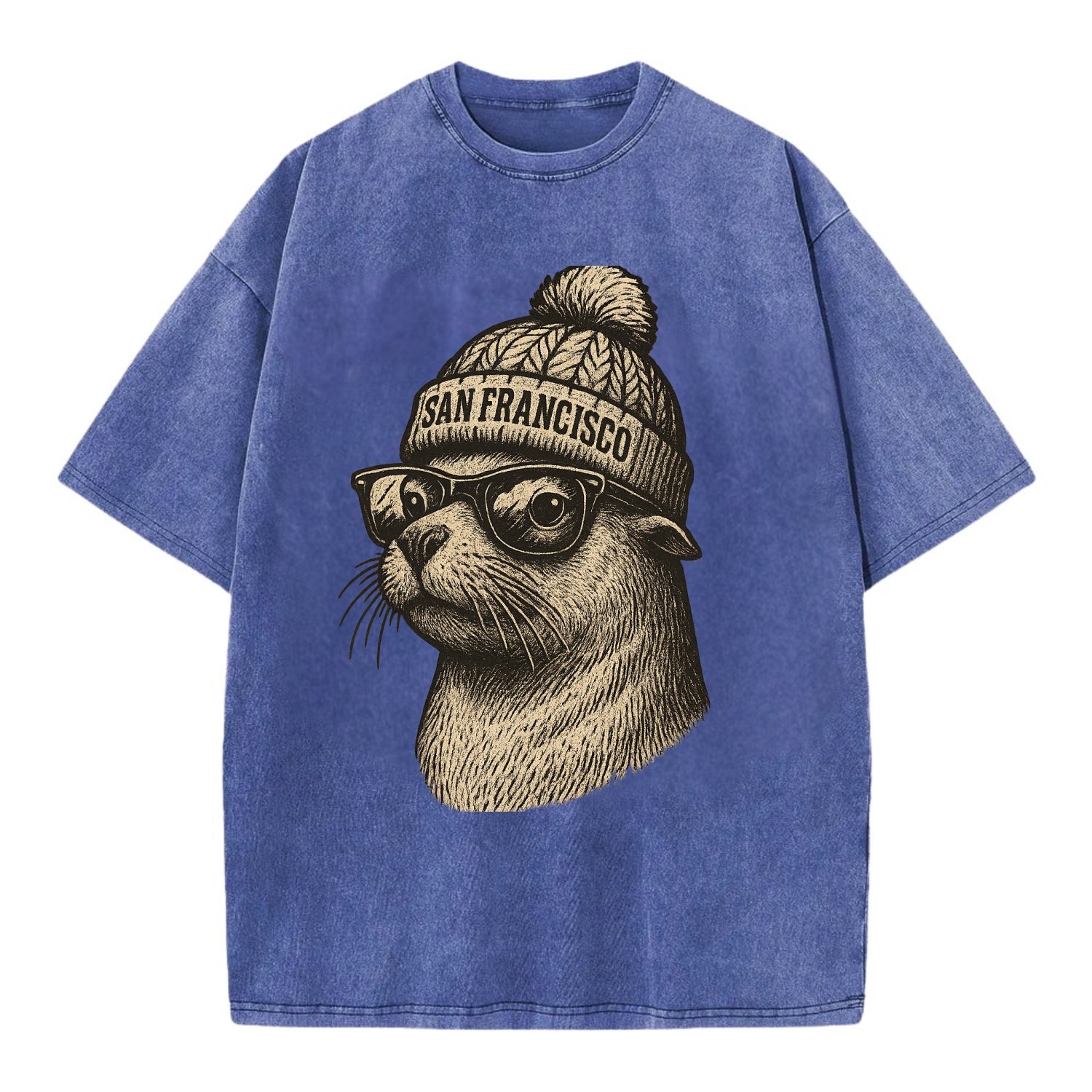San Francisco Sea Lion wearing San Francisco beanie with pom pom and wayfarer - Vintage T-shirt - Blue