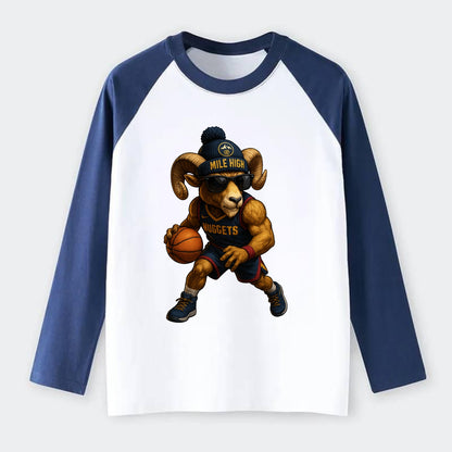 Mile High Bighorn wearing Nuggets beanie with mountain patch and - Raglan Long Sleeve T-Shirt - Blue