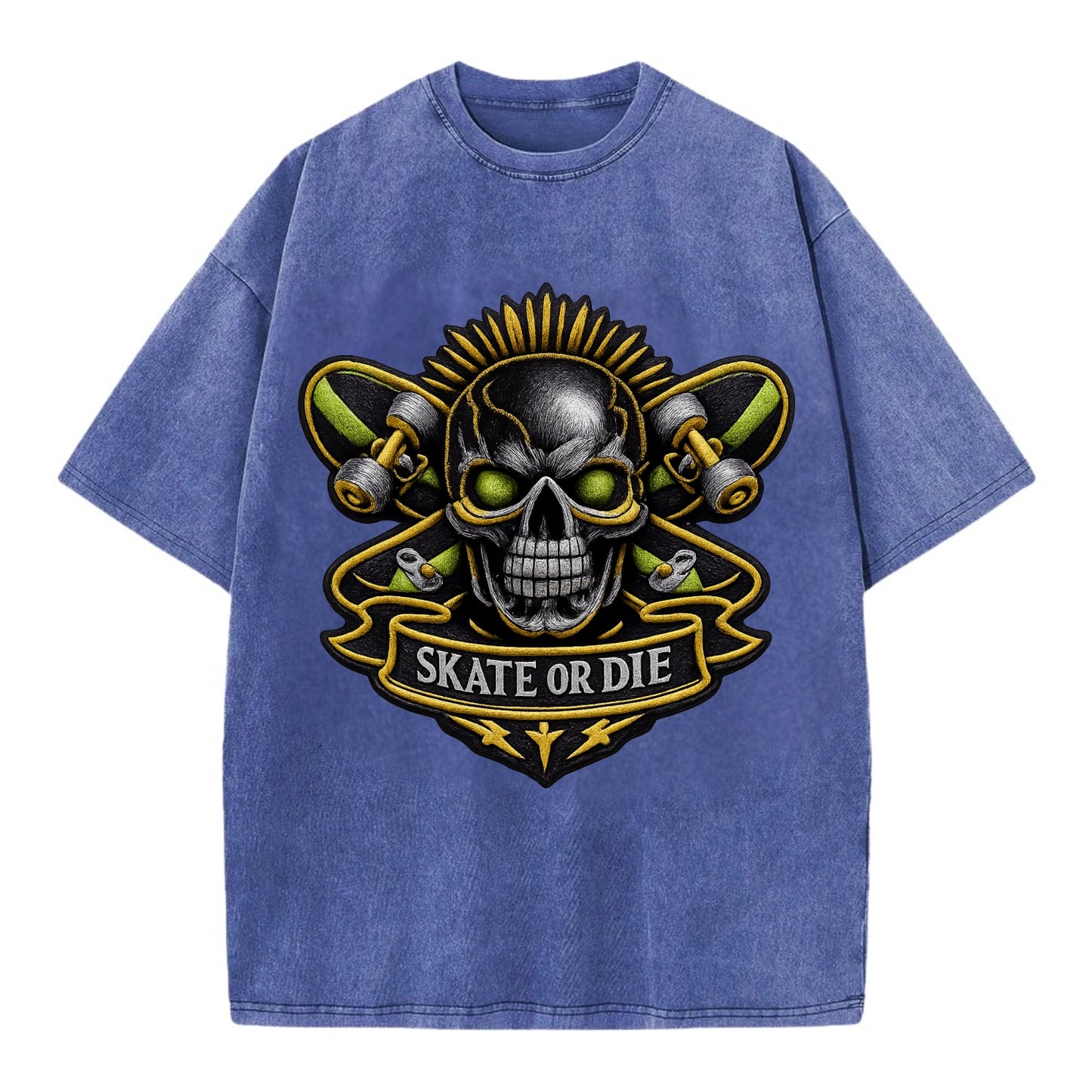 Embroidered patch design - SKATEBOARD SKULL - skull with skateboard in black and - Vintage T-shirt - Blue
