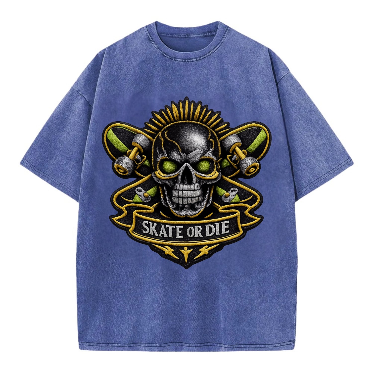 Embroidered patch design - SKATEBOARD SKULL - skull with skateboard in black and - Vintage T-shirt - Blue