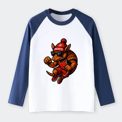 Houston Armadillo wearing Rockets red and silver beanie with rocket - Raglan Long Sleeve T-Shirt - Blue