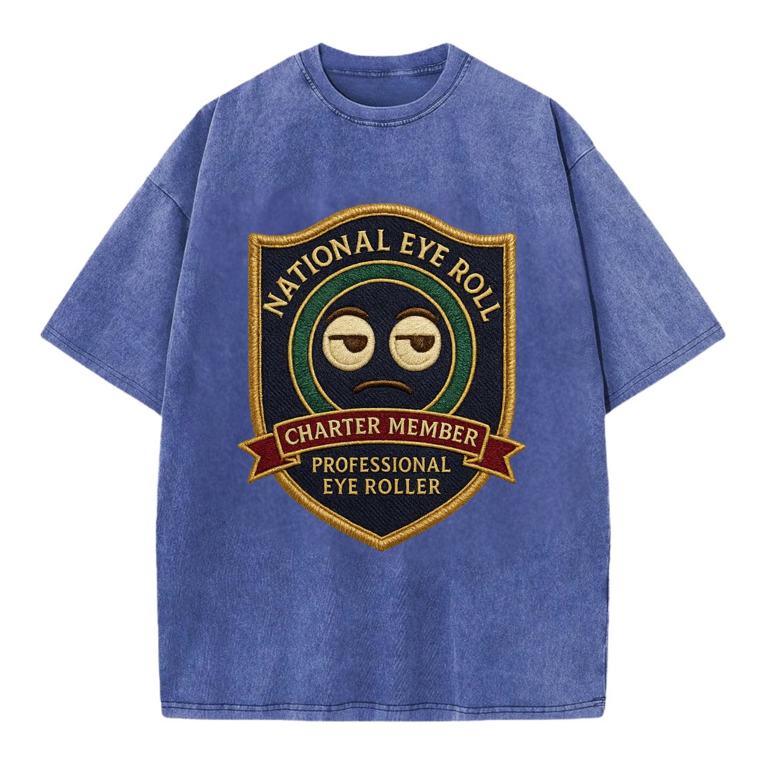 Crest with eye roll icon - "National Eye Roll Association - Charter Member" - - Vintage T-shirt - Blue