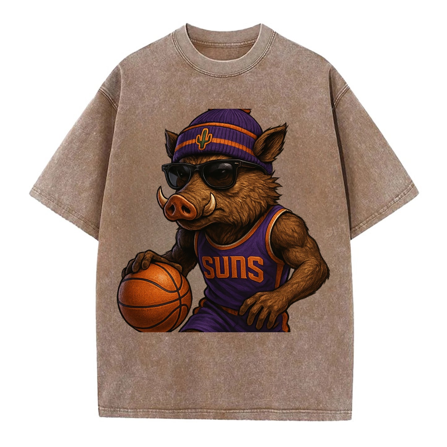 Phoenix Javelina wearing Suns beanie with cactus patch and wayfarer sunglasses - Vintage T-shirt - Brown