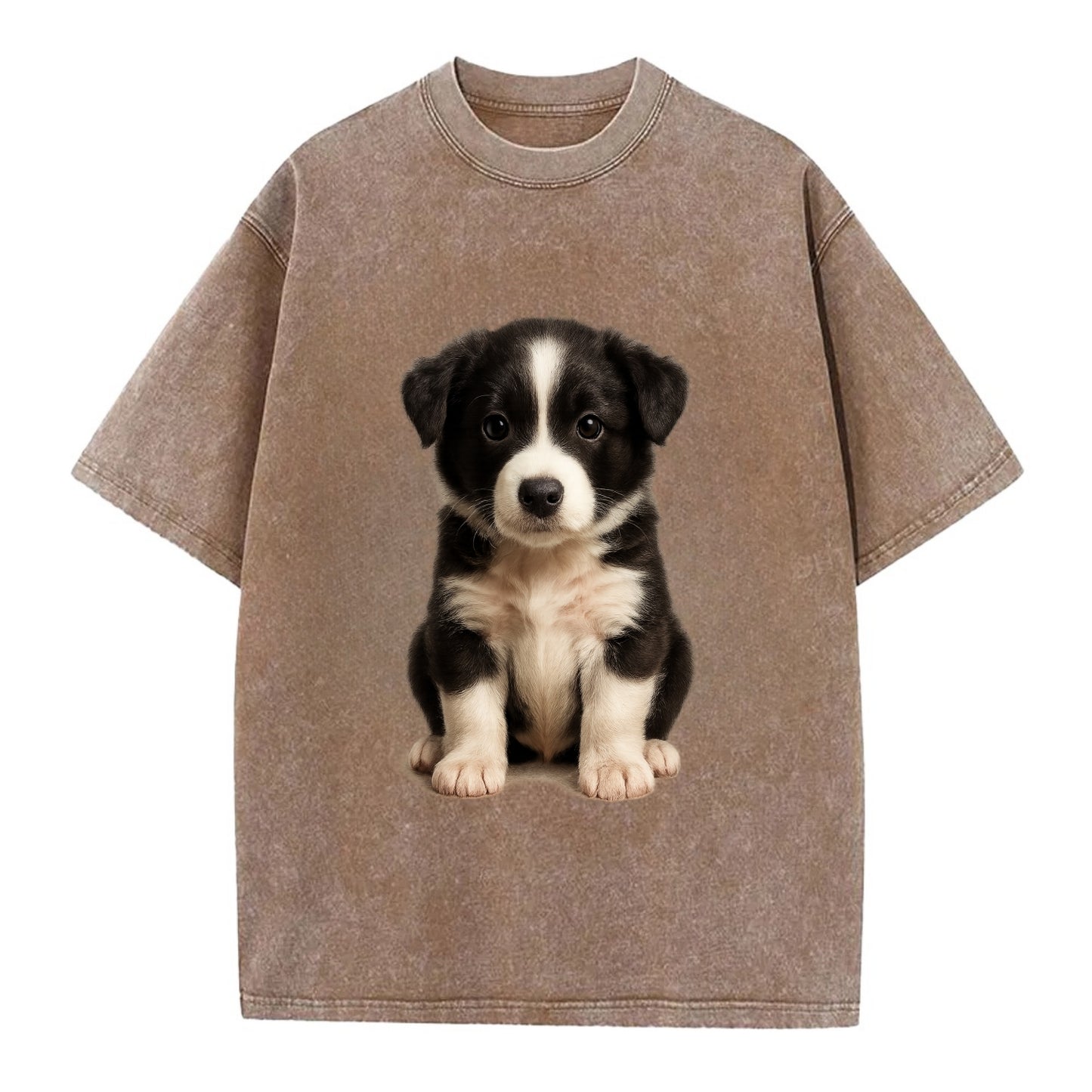 Baby Border Collie Puppy - black and white, intense smart eyes, athletic build, - Vintage T-shirt - Brown