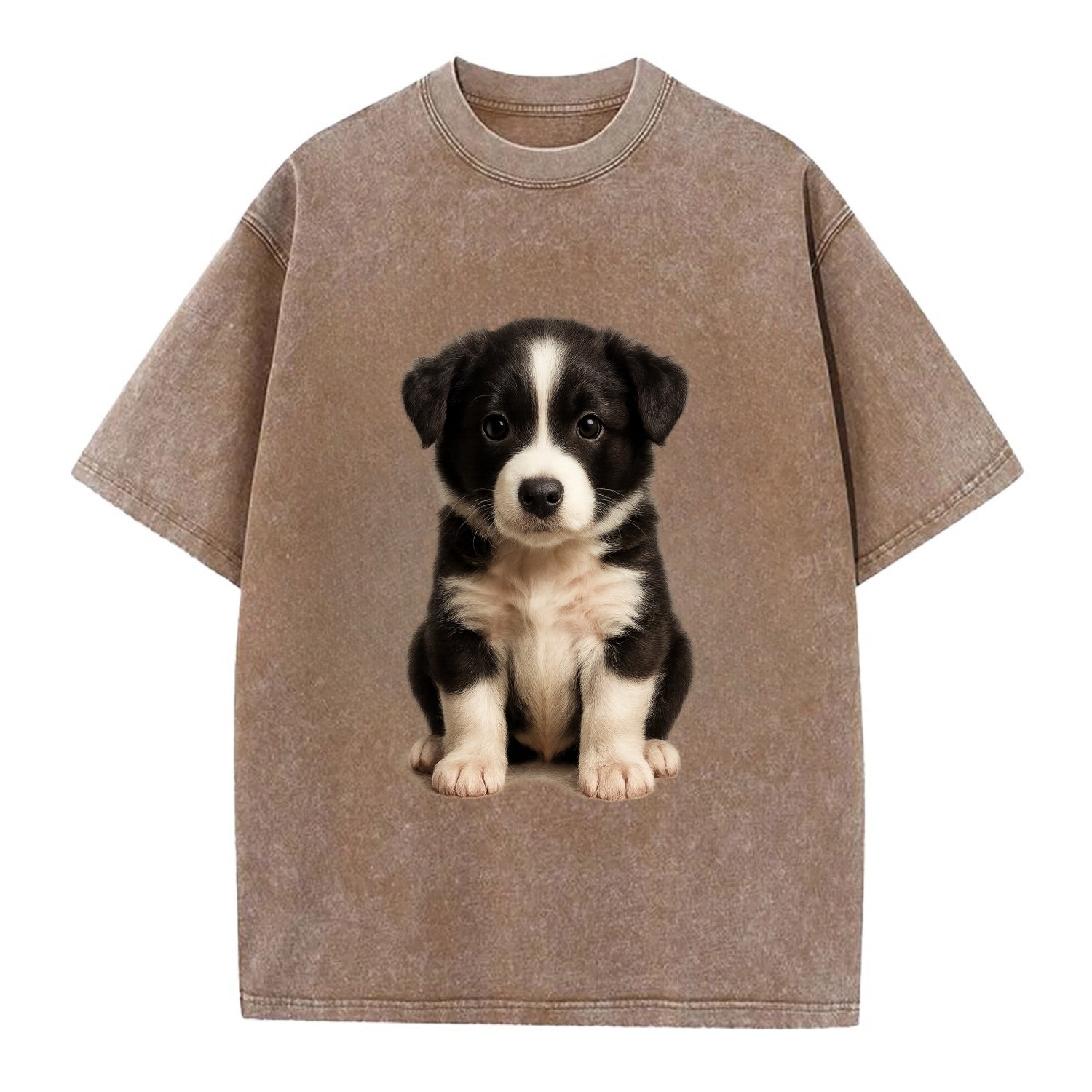 Baby Border Collie Puppy - black and white, intense smart eyes, athletic build, - Vintage T-shirt - Brown