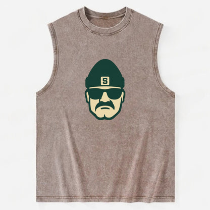 East Lansing Spartan wearing Michigan State beanie with S patch - Vintage Washed Tank - Brown