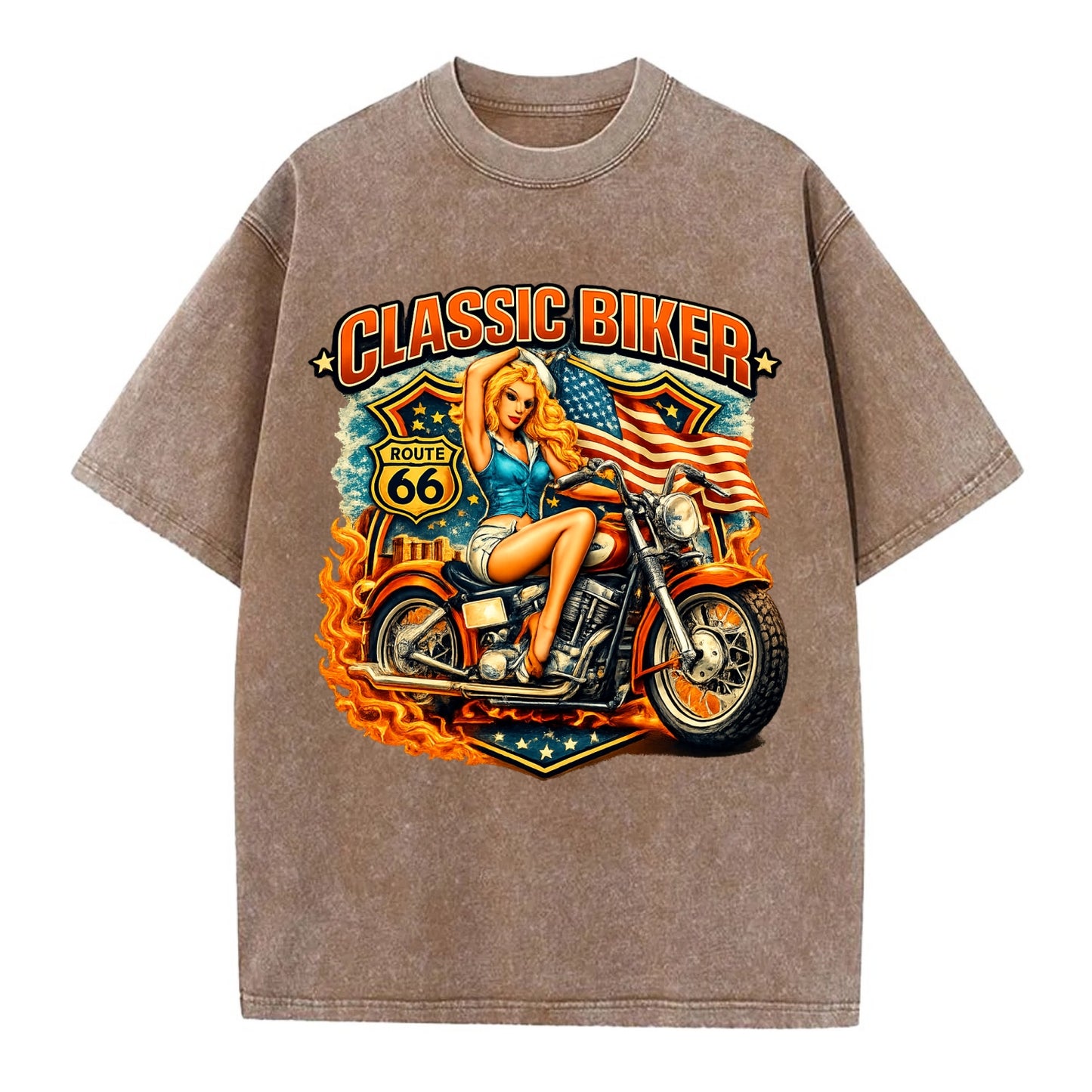 Classic Pinup Biker - Vintage T-shirt - Brown