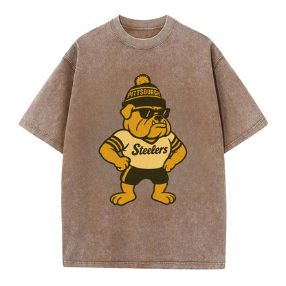 Pittsburgh Bulldog wearing Steelers black and gold beanie with pom pom and - Vintage T-shirt - Brown