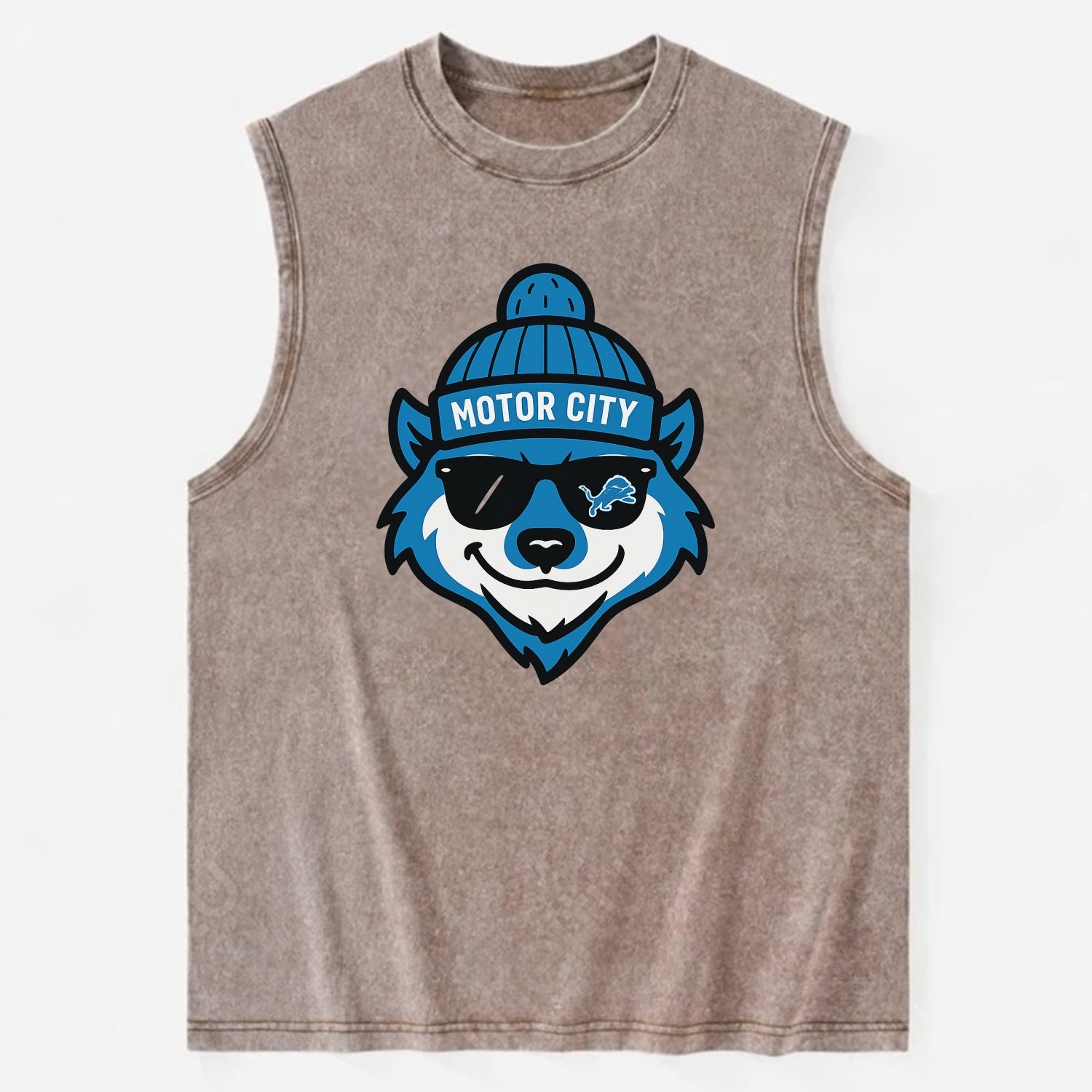 Motor City Wolverine wearing Lions beanie with gear patch and wayfarer - Vintage Washed Tank - Brown