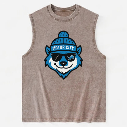 Motor City Wolverine wearing Lions beanie with gear patch and wayfarer - Vintage Washed Tank - Brown