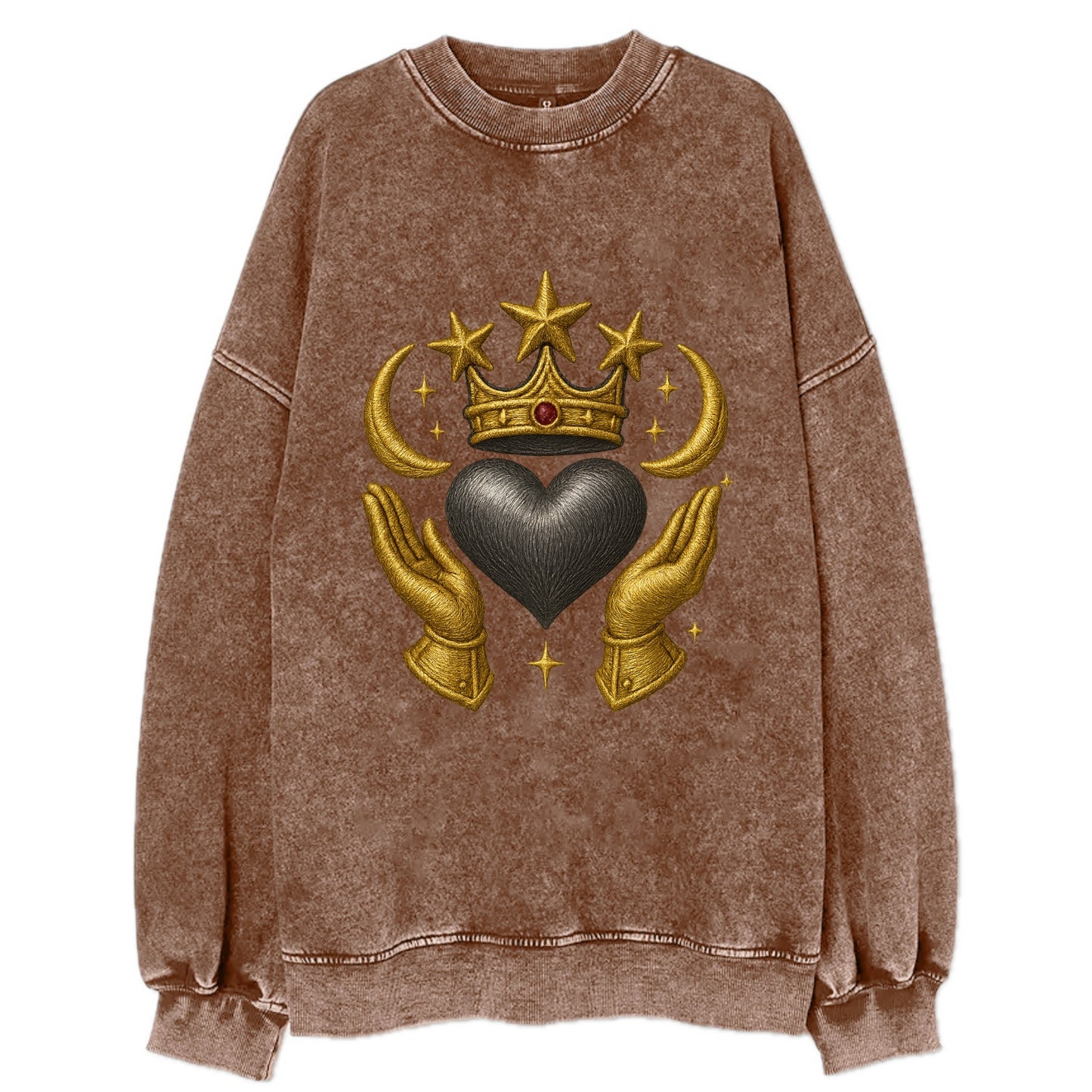 Sun goddess crown radiating golden rays over a midnight heart with - Vintage Sweatshirt - Brown