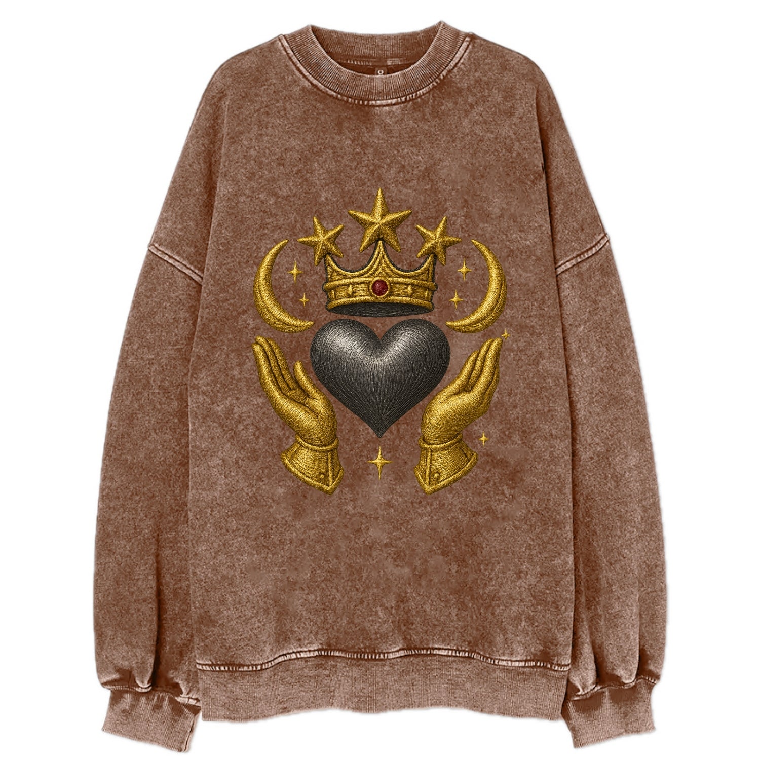 Sun goddess crown radiating golden rays over a midnight heart with - Vintage Sweatshirt - Brown