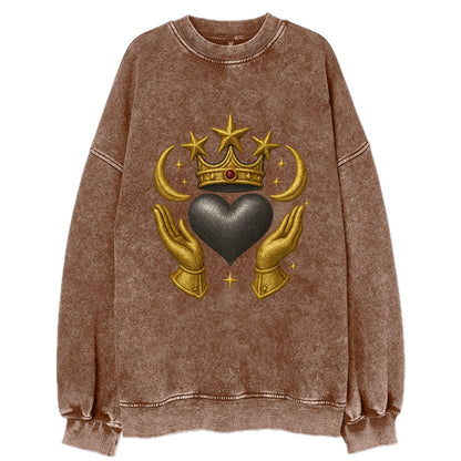 Sun goddess crown radiating golden rays over a midnight heart with - Vintage Sweatshirt - Brown