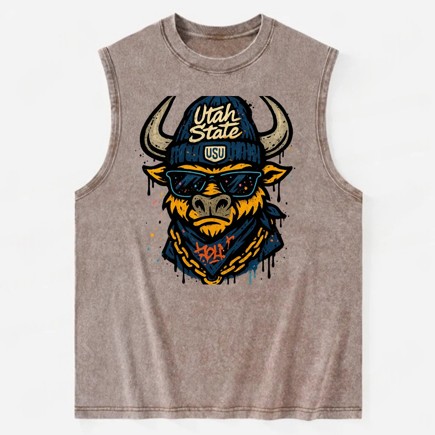 Logan Aggie wearing Utah State beanie with USU patch - Vintage Washed Tank - Brown