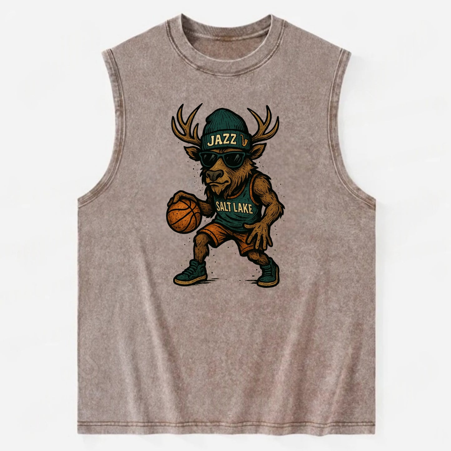 Salt Lake Elk wearing Jazz beanie with saxophone patch and wayfarer sunglasses - Vintage Washed Tank - Brown