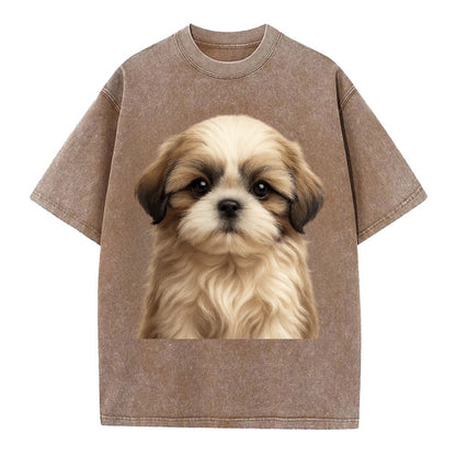 Baby Shih Tzu Puppy - long flowing coat, flat face, big dark eyes, front-facing, - Vintage T-shirt - Brown