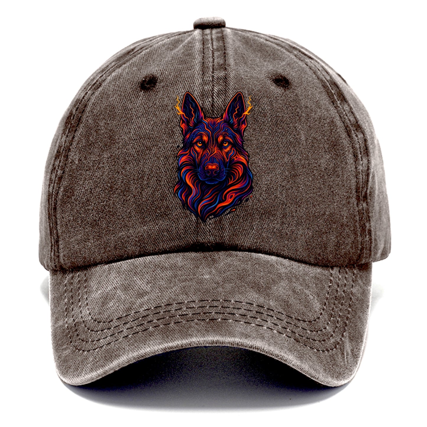 Alert German Shepherd with cyber circuit patterns in the fur, neon orange and black - Classic Cap - Brown